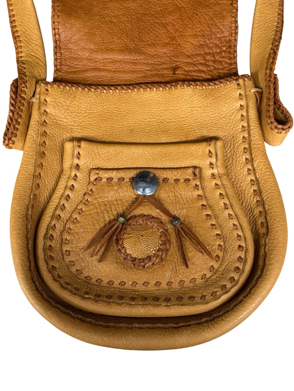 Vintage 70s Hippie Leather Bohemian Boho Gypsy Style Whip-Stitch Shoulder Bag - Picture 7 of 13